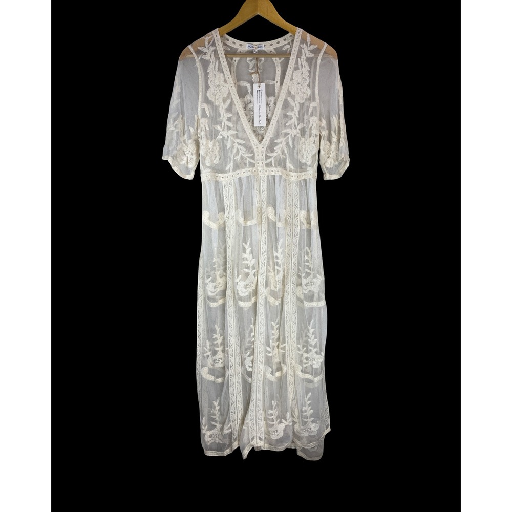 Woven Heart Ivory Floral Embroidered Sheer Mesh Maxi Dress Boho Duster Large - Picture 3 of 9